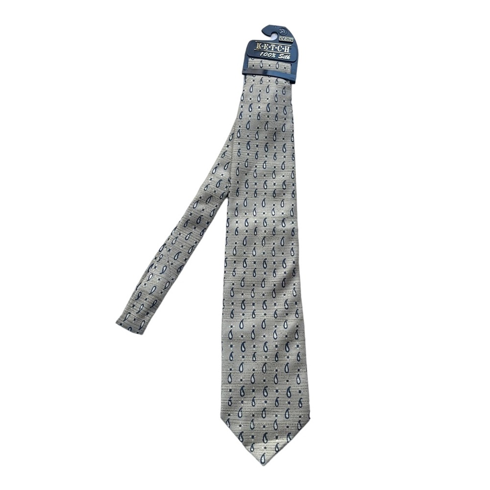 Ketch Men’s Tan Navy and White Paisley Dot Pattern‎ 100% Silk Classic Neck Tie